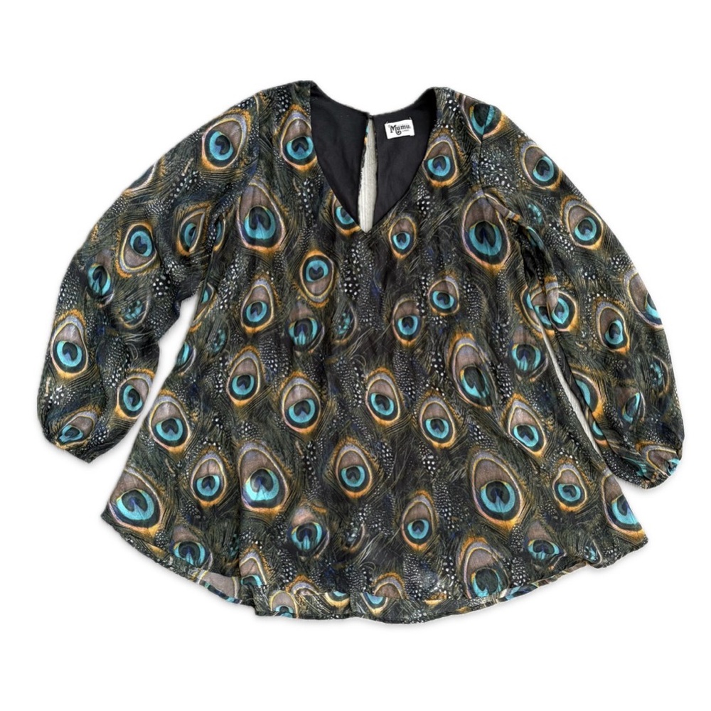 Show Me Your Mumu Peacock Print V-Neck Tunic Dress Women's Size L Green Sheer